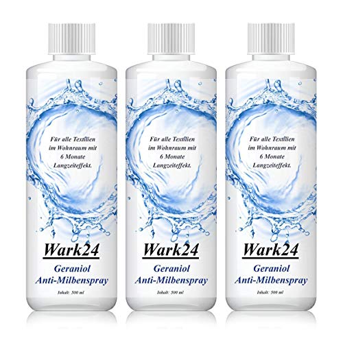 Wark24 Geraniol Anti-Milbenspray 3 x 500 ml, Langanhaltender Anti-Milben-Schutz für Textilien, Natürliche, allergikerfreundliche Milbenbekämpfung mit angenehmem Duft 3er Pack