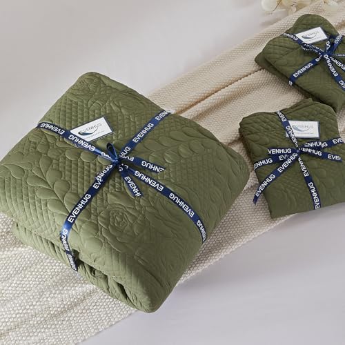 Image of EVENHUG Oversized King Bedspreads California King Quilt Set with Pillow Shams Extra Wide Large King Size Quilts Lightweight Coverlet Bedding Sets Olive Green 120 inchx128 inch