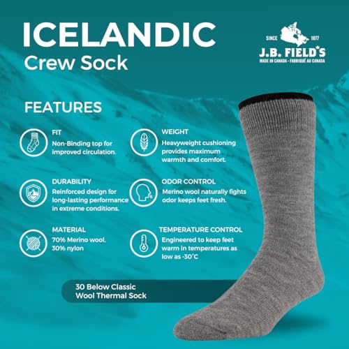 J.B. Field's Icelandic 30 Below Classic Winter Socks, 70% Merino Wool Heavyweight for Hiking, Trekking & Outdoor, 3 Pairs2