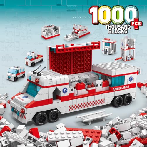 Image of SKY LINE OCEAN 6-in-1 Ambulance Building Block Set Toys | STEM Kit for Kids | Build Rescue Ambulances & Emergency Vehicles (1000+ Pcs) | Birthday Gift for Boys & Girls || 6 Months Structural Warranty