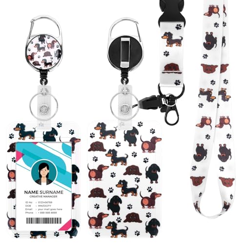 ID Badge Holder with Detachable Lanyard, Retractable Badge Reel, Removable ID Tag Clip, Neck Lanyard (Dachshund)