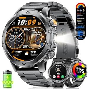 FITFLEX Smartwatch Herren mit 1000 mAh, 1,53" HD AMOLED Militär Smart Watch, LED Taschenlampe, Telefonfunktion Fitnessuhr mit 120+ Sportmodi, Herzfrequenz, Schlafmonitor, SpO2, IP68, iOS Android Neu