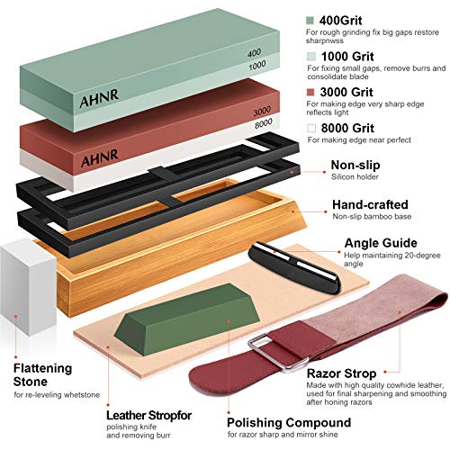 Knife Sharpening Stone Set - 4 Grit 400/1000 3000/8000, AHNR Whetstone Knife Sharpener Kit with Leather Razor Strop, Leather Honing Strop, Polishing Compound, Bamboo Base and Flattening Stone - Thumbnail 2