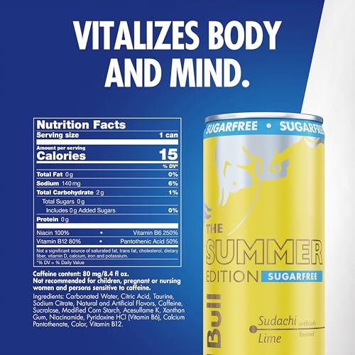 Image of Red Bull Sugarfree Energy Drink, Sudachi Lime, Summer Edition | contains caffeine, taurine, B-vitamins, sweeteners, and water, 8.4 fl. oz, pack of 4 cans