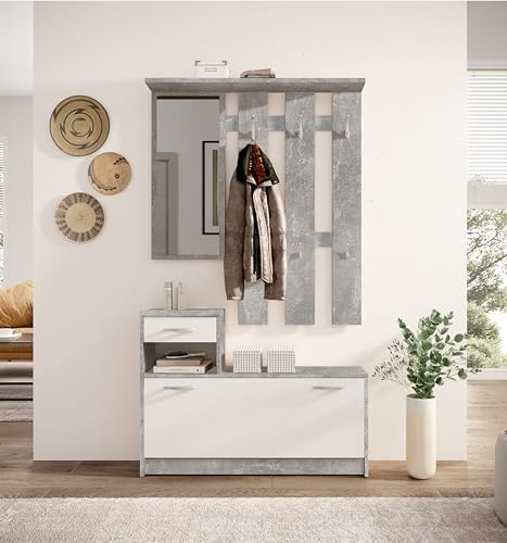 Vera Garderobe mit Spiegel weiß matt - Kompaktgarderobe Korpus Beton Optik - 100 x 190 x 26 cm (B/H/T)