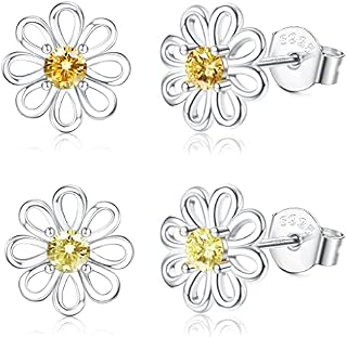 ORAZIO 925 Sterling Silver Daisy Stud Earrings Hypoallergenic CZ Flower Earring Stud Small Sunflower Earring Cute Fashion Ear Jewellery For Women Girls Kids