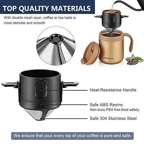 Image of Verilux Filter Coffee Maker With Bottom Cup Double Mesh Pour Over Coffee Filter Food Grade Stainless Steel & Plastic Coffee Dripper 100% Paperless Foldable