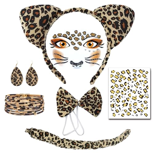 TUONYIS 7 Pièces Déguisement Leopard,Deguisement Chat,Oreilles de Léopard Bandeau Bracelet de Queue,Tatouage Visage pour Carnaval Halloween Fête de Noël Accessoires pour la Fête de la Jungle (Léopard)