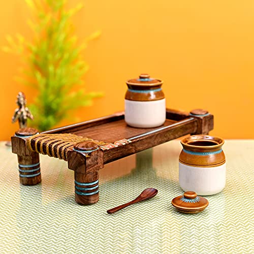 Image of AAKRITI ART CREATIONS Chatore Barni Set of 2 on Ethnic Charpai Stand | Ceramic Achar ki Barni & Mukhwas Box | Handcrafted Modern Art Storage Jar for Spice & Pickle