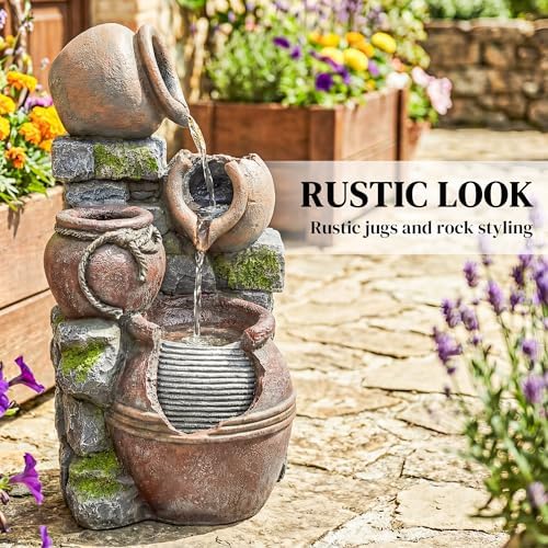 Outsunny Outdoor Fountain with 4-Tier Rustic Pot Design, Cascading Rock Waterfall with LED Lights and Adjustable Flow, Freestanding Resin Waterfall Feature for Patio Garden - 2