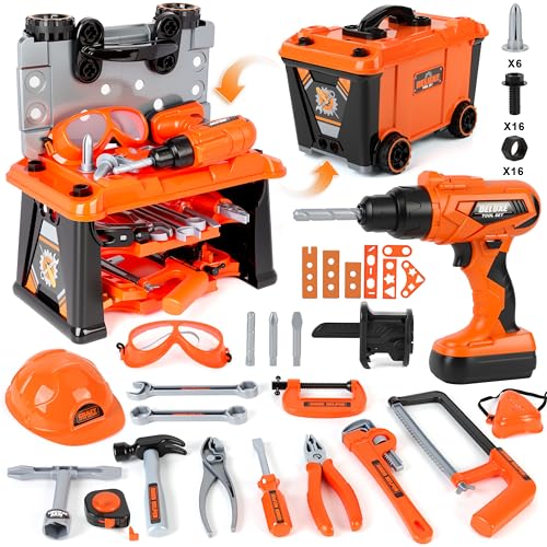 MOMOSTAR Herramientas Juguete para Niños 3 Años, 2 en 1 Banco Herramientas Juguete, Taller Mecanico Juguetes con Taladro Eléctrico, Regalos para Niños Niñas de 3 4 5 6 7 Años