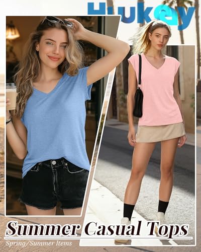 Image of Huukeay 3 Pack Women's V Neck Cap Sleeve T Shirts