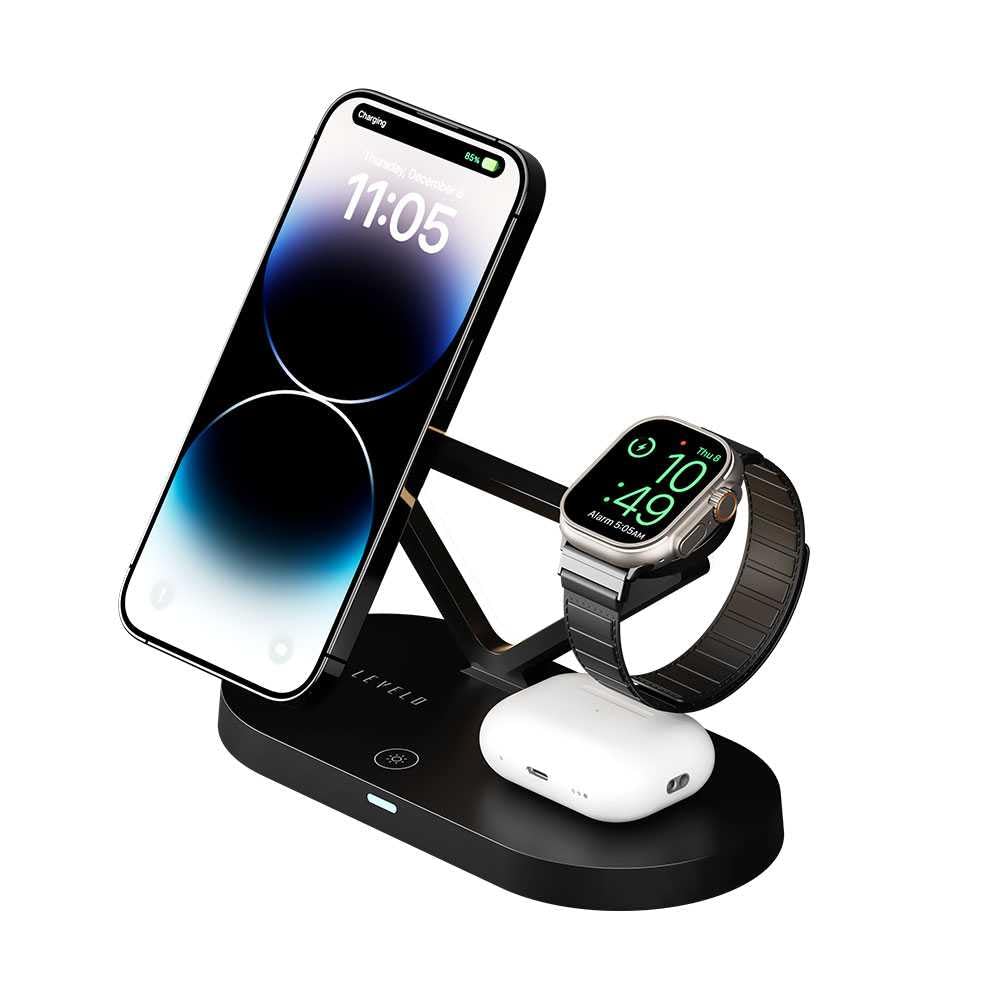Levelo Premio 5 In 1 Magnetic Wireless Charging Pad, Auto Detecting Object, Built-In Lamp With Adjustable Brightness To 3 Levels, USB-C Input USB-A output - Black