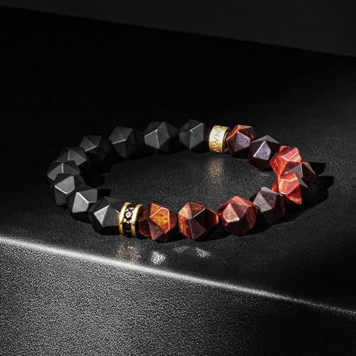 Beaded Bracelet for Men Tiger Eye Onyx Obsidian Natural Gemstones (10 mm) Premium Sterling Silver Centre Protection Charm Handmade Stretch Bracelet Gift for Men, 5.9''- 8''3