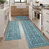KIMODE Kitchen Rugs Sets of 3, Boho Oriental Kitchen Rugs Non Skid Washable, Turquoise Long Kitchen Mats for Floor, Comfort Cushioned Kitchen Runner Rug for Kitchen Hallways Laundry Sink Bathroom