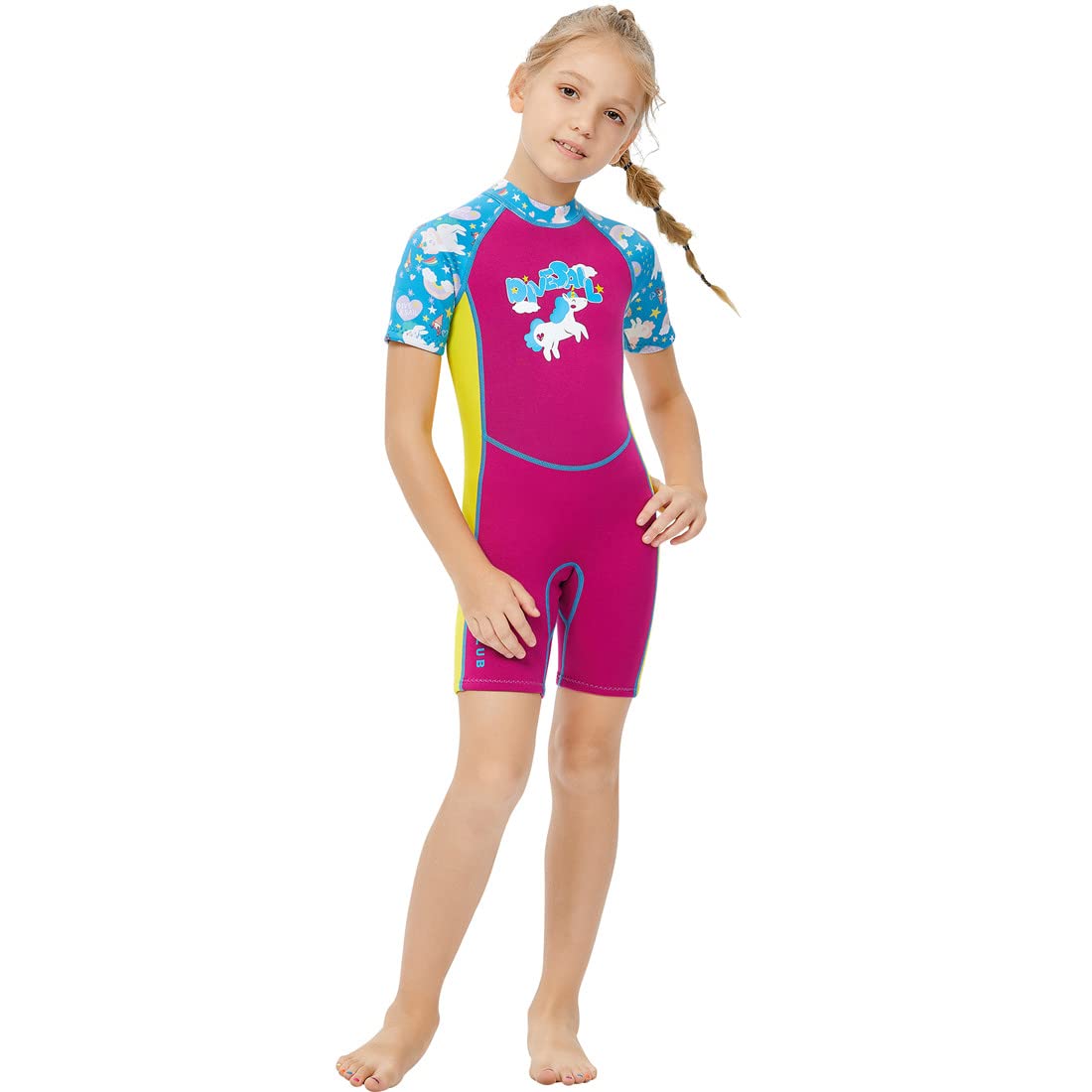 Kinder Neoprenanzug Mädchen Jungen Kurzarm Wäremehaltung UV-Schutz 2.5mm Neopren Tauchanzug Einteiliger kurzärmelig Badeanzug Reißverschluss warm Wetsuit Wassersport Einhörn XXL