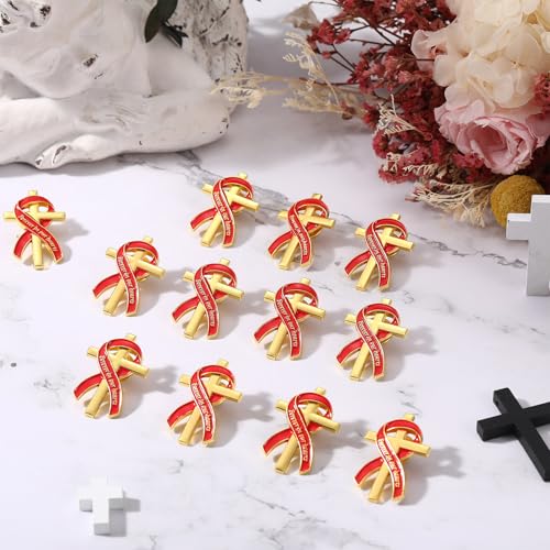 Image of Misdary Funeral Favors for Guests Funeral Memorial Pin Cross Ribbons Forever in Our Hearts Lapel Brooch Pin for Religious Christian Celebration of Life Mourning Remembrance Day