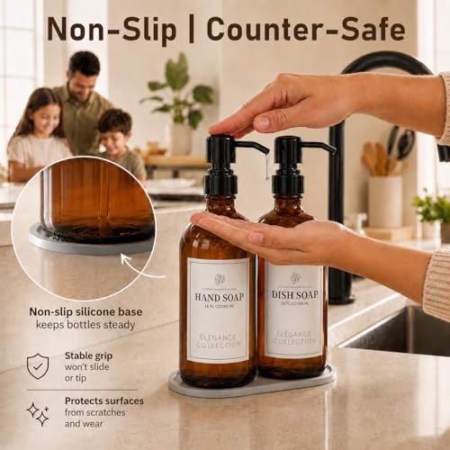 Image of Fachixy Amber Glass Soap Dispenser (2 Pack), 16 Fl Oz Hand & Dish Soap Dispenser Bottles Set with Leak-Resistant Stainless Steel Pump, Non-Slip Pad, 14 Waterproof Labels for Kitchen and Bathroom