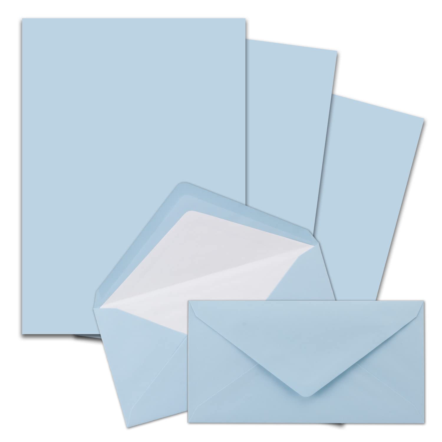 Set di 300 buste di carta da lettere formato DIN A4 e DL, foderate con fodera in seta bianca, incollaggio a umido, colore: azzurro