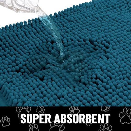 Image of Smiry Dog Door Mat for Muddy Paws, Absorbent Dirt Trapper Non Slip Quick Dry Washable Chenille Mat for Mud Dogs, Entry Rug for Indoor and Outdoor (36x24 Inches, Atlantic Blue and Black)