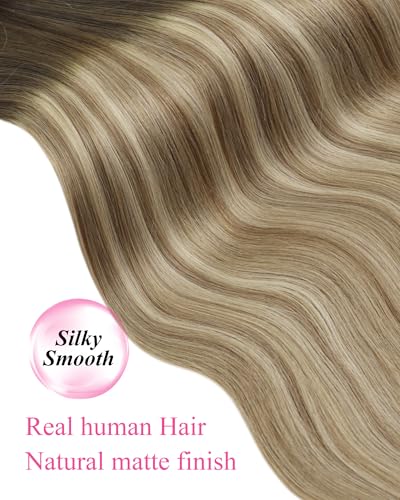 Image of YoungSee Hair Extensions Tape in Ombre, Tape in Extensions Balayage Brown with Blonde, Tape ins Human Hair Extension, Short Straight Hair, 12In 30g 20pcs