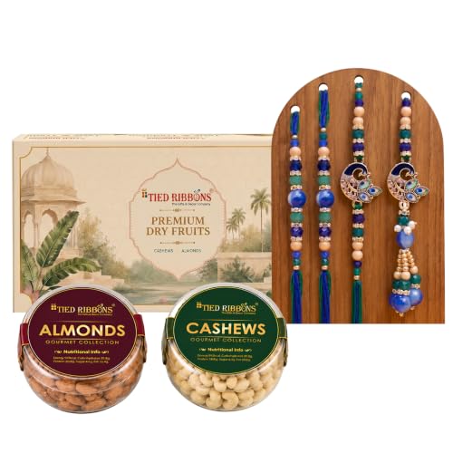 Image of TIED RIBBONS Set of 4 Rakhi for Brother Bhabhi and Kids with Dry Fruits Gift - Premium Bhaiya Bhabhi Kids Rakhi Set and Dryfruits Almonds and Cashew Roli Chawal