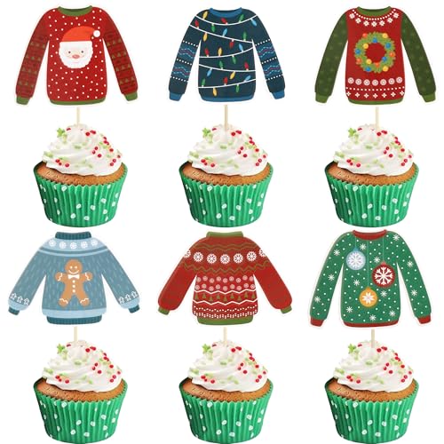 Gyufise 36Pcs Ugly Sweater Cupcake Toppers Christmas Decorations Xmas Party Supplies