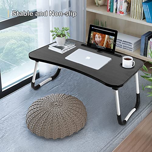 SKY-TOUCH Portable Folding Laptop Desk for Bed,With iPad and Cup Holder Adjustable Lap Tray Notebook Stand, Foldable Non-Slip Legs Reading Table Tray for working,studying,camping 60x40x28cm Black
