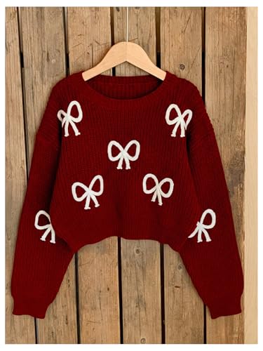 Image of BEAUDRM Girl's Cute Bow Sweater Crew Neck Long Sleeve Drop Shoulder Loose Pullover Tops
