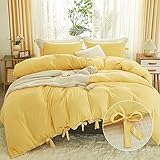 annadaif Yellow Duvet Cover Queen Size, 3 Pieces Soft Washed Microfiber Duvet Cover Set, Comforter Cover with Bowknot Bow Tie (1 Duvet Cover 90x90 Inch, 2 Pillowcases) Easy Care Bedding Set