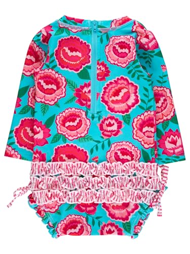 Image of RuffleButts Baby Girls UPF 50+ Sun Protection Floral Printed Long Sleeve One Piece Rash Guard Swimsuit with Zipper