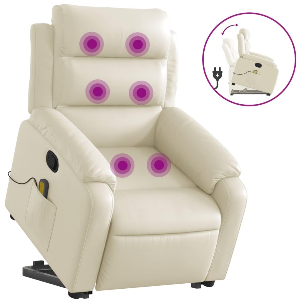 Sillón elevador reclinable con masaje de 6 puntos y función de elevación eléctrica, de piel sintética, color crema, respaldo ajustable manualmente y estructura estable