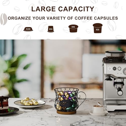Image of YINMIT K Cup Holder Organizer, Rustic Coffee Pod Holder Organizer, 35 Kcup Holder for Counter with Handle,Large Capacity Black Wire Coffee Capsule Basket for Kitchen Office Desktop (Circular Grid)