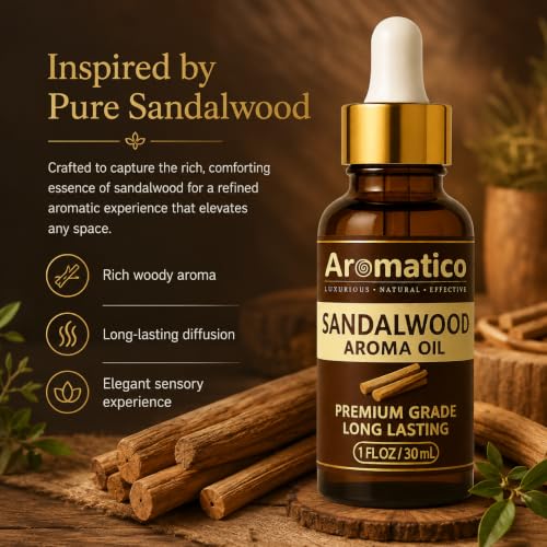 Image of AROMATICO Sandalwood Diffuser Oil, Pure Chandan Fragrance for Aromatherapy, Meditation & Calmness | Versatile Use in Diffusers, Air Fresheners | 30ml.