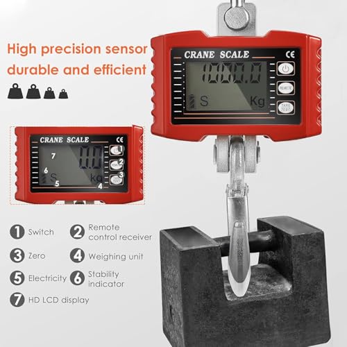 Yapasopu Hangende weegschaal, digitaal, 1000 kg, industriële kraanweegschaal, robuuste hangweegschaal voor boerderijen, draagbare elektronische hangweegschaal, 1 T (rood) - Afbeelding 6
