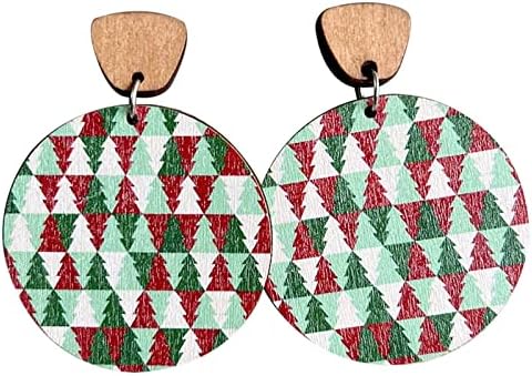 Colorful Christmas Wooden Round Earrings Dainty Christams Plaid Snowflake Deer Tree Earrings for Women Girls Jewelry(E)