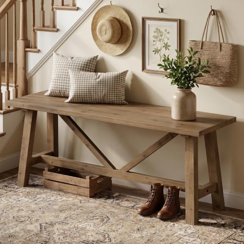 Wnutrees 43' Farmhouse Solid Wood Bench, Narrow Long Seat for Entryway Living Room Dining Area, Natural