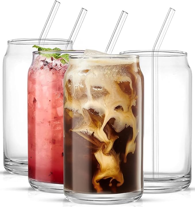 Dakshayanii Drinking Glasses with Bamboo Lids and Glass Straw, Can Shaped Glass Cups Juice Glasses Ice Coffee Glasses Cute Tumbler Cup - 500ml, (Set of 6) 2