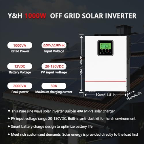Y&H 1000W Solar-Hybrid-Wechselrichter DC12V zu AC230V, netzunabhängiger Reiner Sinus-Wechselrichter mit 40A MPPT Solar-Ladegerät Max PV 600W DC150V Input, geeignet für 12V Blei-Säure/Lithium-Batterie