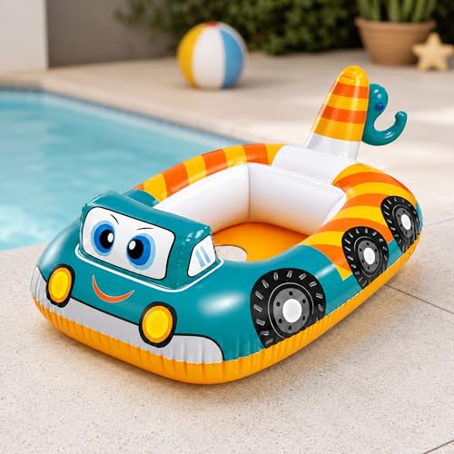 Image of Toyshine Inflatable Cute Car Design Inflatable Swim Tube Ring with Safety Seat Floating Mattress Raft for Toddler Kids Swimming Pool Tub Tube - 79 x 58 Cms