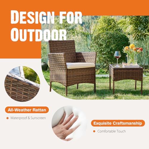 Sweetcrispy Patio Furniture Set 3 Pieces, Outdoor Furniture with Soft Cushion and Glass Table, All Weather Manual Weaving Wicker Rattan Patio Chairs for Garden, Terrace, Porch, Lawns, Brown - Image 3