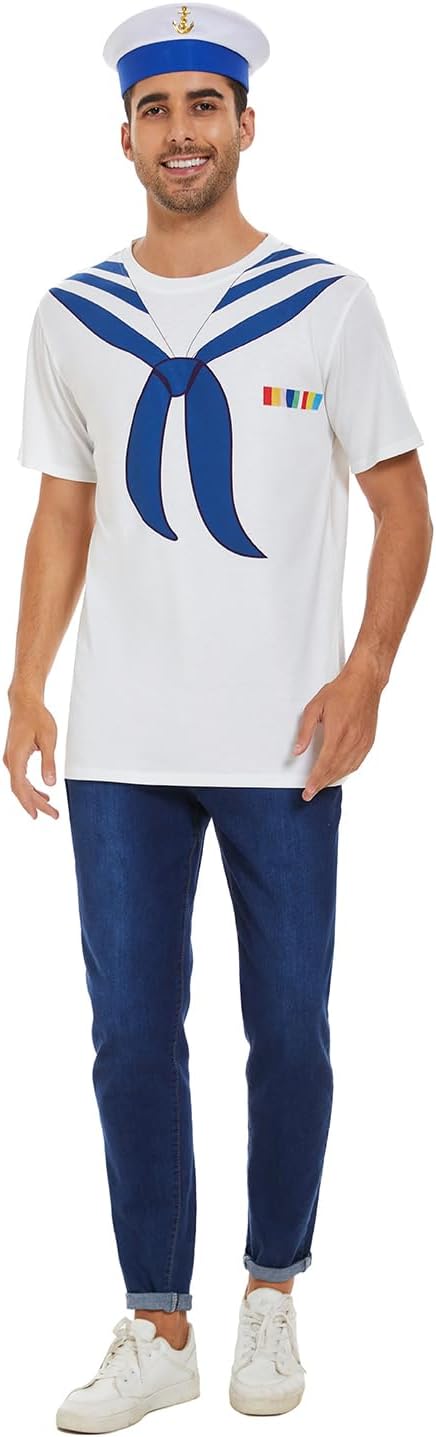 Vegove Funny Men Sailor T-Shirt with Hat, 3D Navy Collar Tee Shirts Set, Halloween Nautical Cruise Yacht Rock Party Outfit