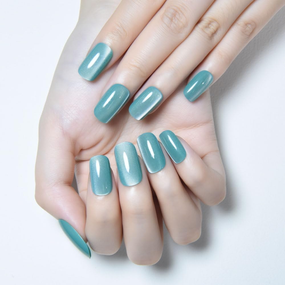 Photo 1 of XZMeiLun Cat Eye Light Cyan Press On Nails Medium Long Length Square, Designer Reusable Acrylic Fake Nail with Glue, Glossy Gel Nails Wedding Party, Stick On Glue On Nail, Nails Press Ons for Women