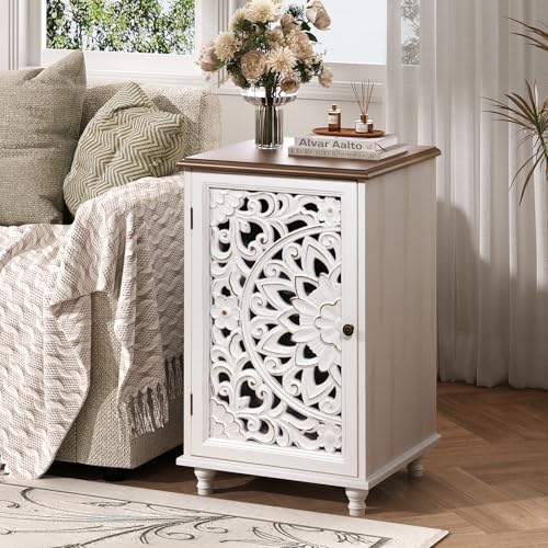 Image of JOINICE End Table with Storage, 28 inch Tall White Side Table with Carved Door & Adjustable Shelf, Small Accent Cabinet with Solid Wood Legs for Living Room & Bedroom, Distressed Farmhouse Style