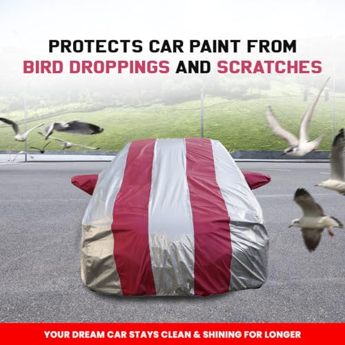 Image of Autofact Waterproof Car Body Cover Compatible with MG Hector (2019 to 2022) with Mirror Pockets (Pink Stripes with Shinning Silver Fabric /Waterproof Cover)