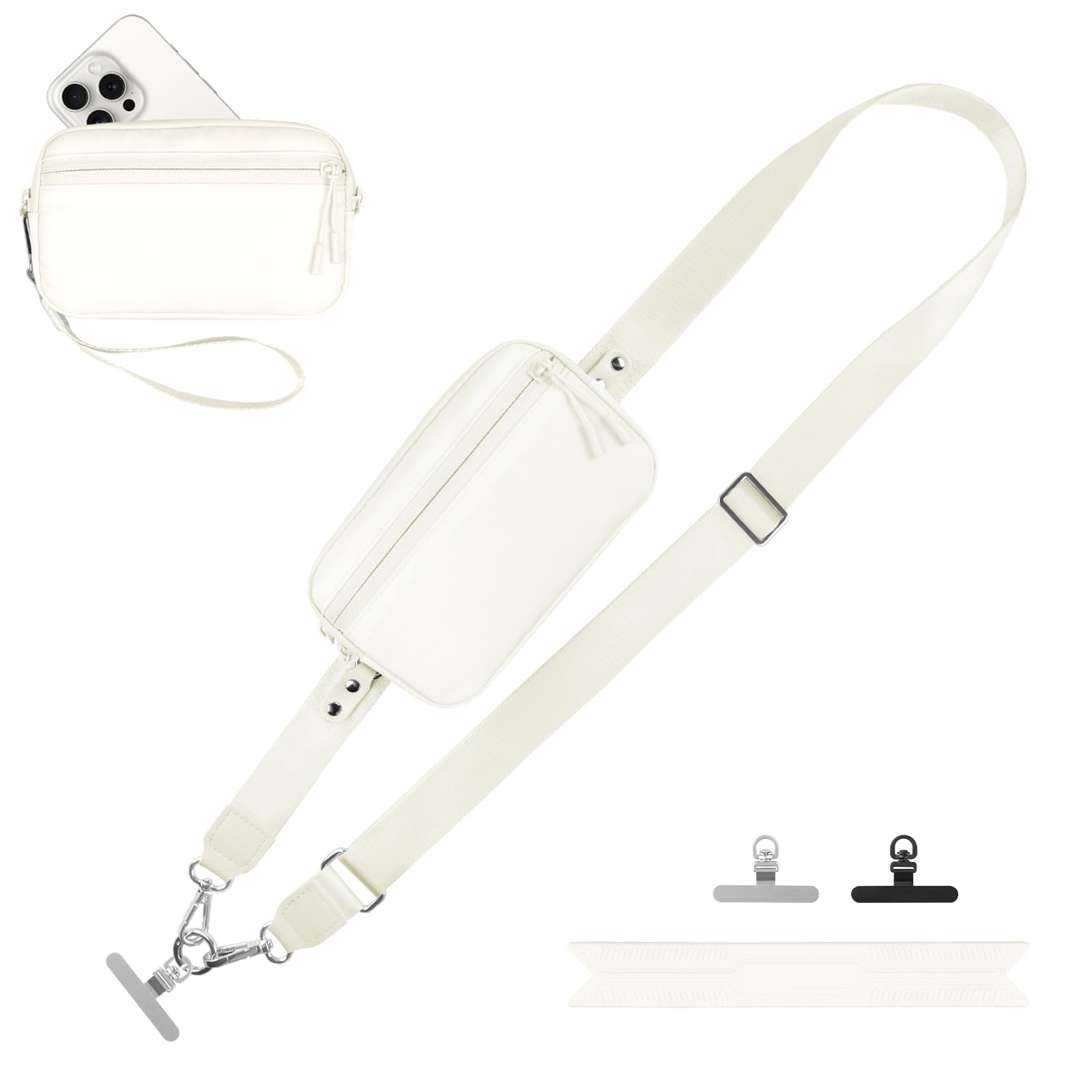 YFWE Clip and Go Strap for Phone with Wallet Crossbody, Adjustable Phone Lanyard with Detachable RFID Wristlet Wallet, Cream (L)