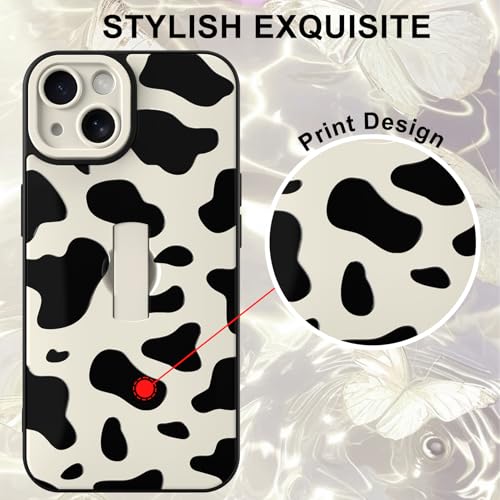 Image of for iPhone 15 Case with Finger Strap Holder, Cute Cool Cow Print Pattern Design for Women Men, Shockproof Anti Scratch Hand Kickstand Protective Cover, White