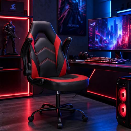 Image of Sweetcrispy Computer Gaming Chair: PU Leather Ergonomic Lumbar Support with Flip-up Armrest and 360 Swivel Wheels, Height Adjustable Task Home Office Desk Video Racing, Red