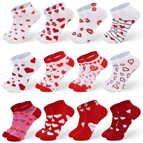 Image of Short Valentine Heart Socks for Women, Red Pink White Heart Ankle Crew Low Cut Galentines Socks Bulk for Women
