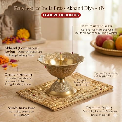 Image of Pure Source India Brass Akhand Diya /Oil Lamp for Pooja, Mandir and Home Decoration (L-2.75inch) 1pcs